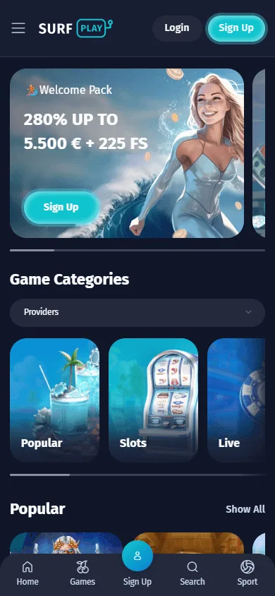 Surfplay Casino mobile home screen