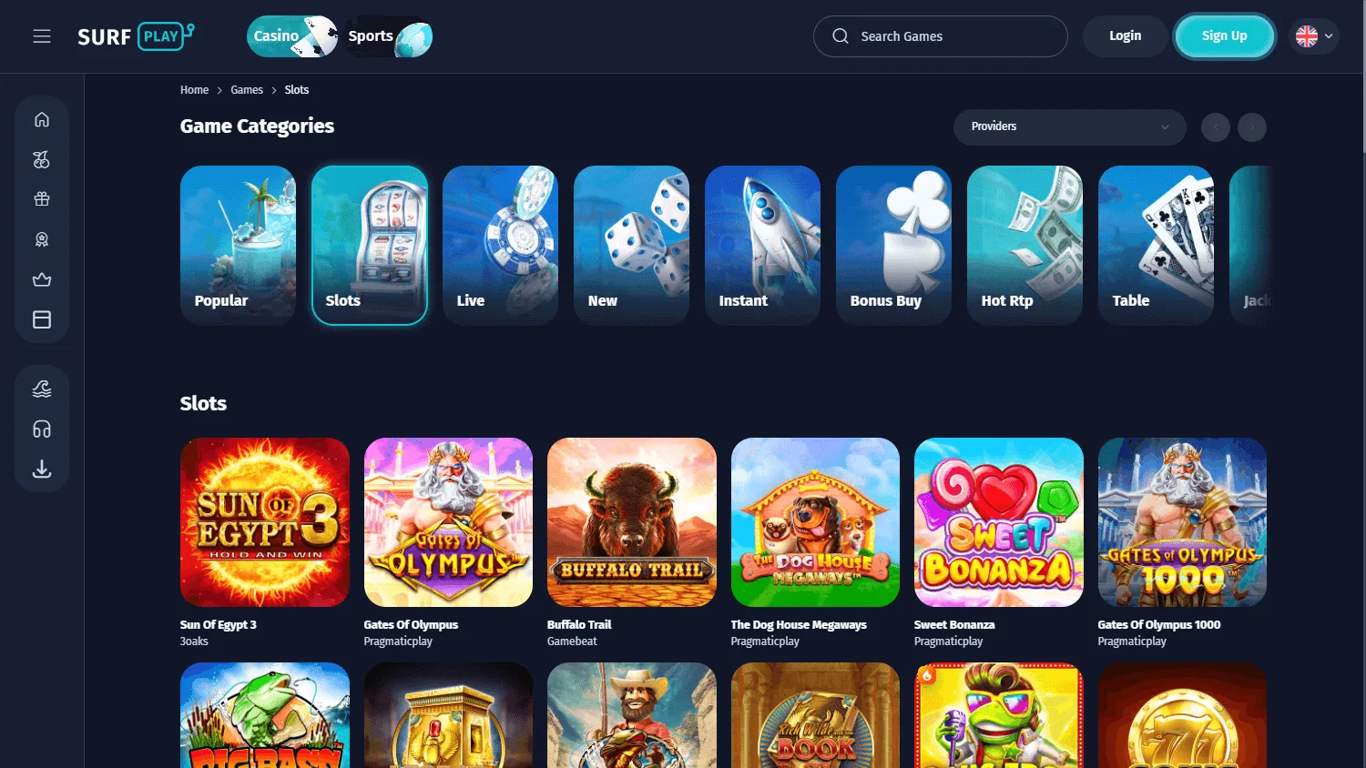 Surfplay Casino desktop games area with casino titles