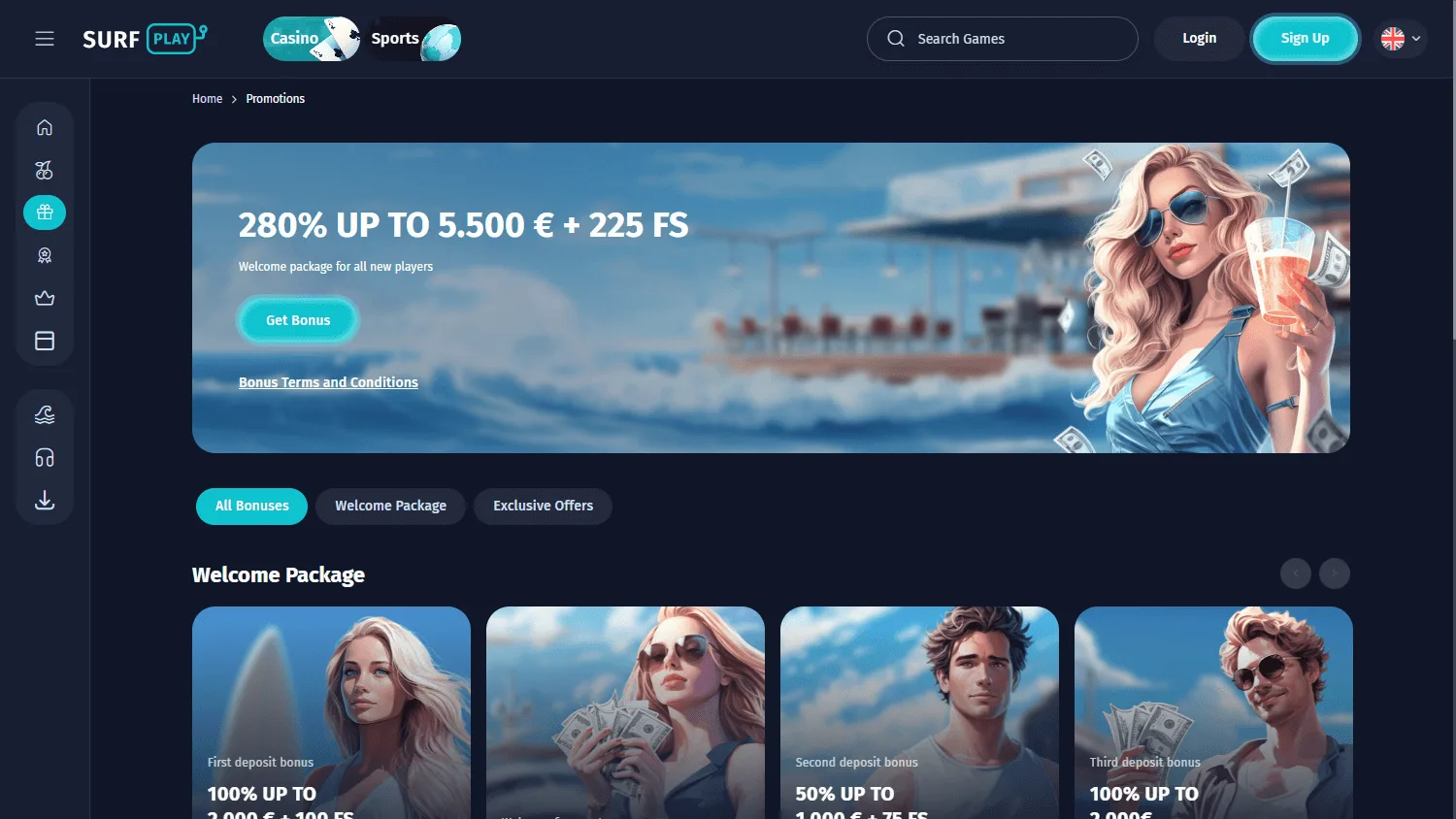 Surfplay Casino desktop promotions area with bonus offers