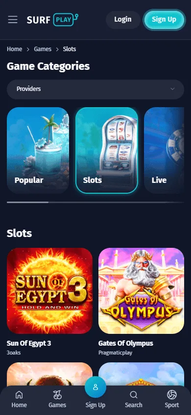 Surfplay Casino mobile games area