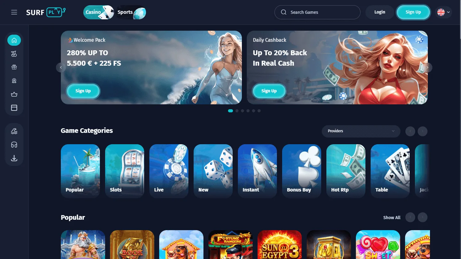 Surfplay Casino desktop home screen with casino and account features